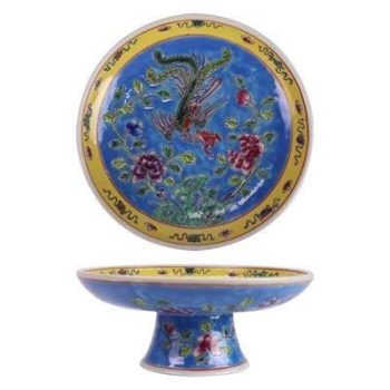 RZFA50-B 娘惹瓷蓝底凤凰牡丹纹高脚圆果盘