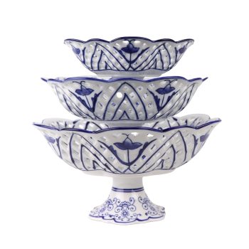 RYFC23-A-M 青花花卉镂空高脚果盘中号10cun