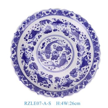 RZLE07-A-L 青花鱼藻纹花边角盘14英寸盘大号