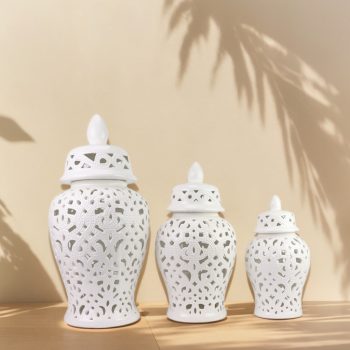 RXDV02-A白色镂空釉将军罐组合