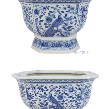 RZSI68-B青花花鸟孔雀纹长方八角花盆  RZSI68-A青花花鸟孔雀纹八角花盆