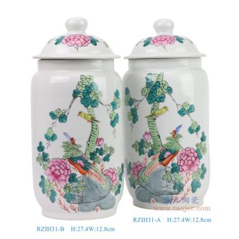 RZIH31-A_RZIH31-B  粉彩凤凰花鸟纹直筒盖罐一对