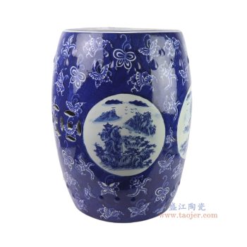 RYNQ251-E   青花蓝底蝴蝶纹开窗山水鼓凳凉墩