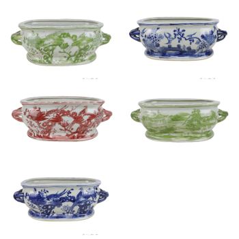 RZSC68-A_RZSC68-B_RZSC68-C_RZSC68-D_RZSC68-E_绿色 青花 釉里红 山水 花鸟双耳椭圆花盆